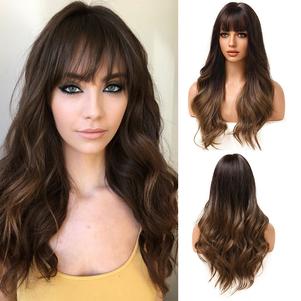 Air Bangs Big Wave Long Curly Hair Gradient Wig - Amazhona 