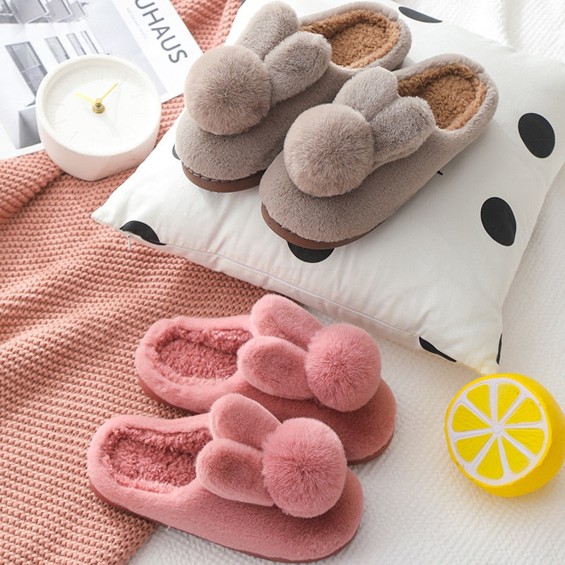 Antovo Winter Slippers Cute Rabbit Slippers Winter Home Slides Shoes Furry Slippers chausson hiver femme indoor slippers - Amazhona 