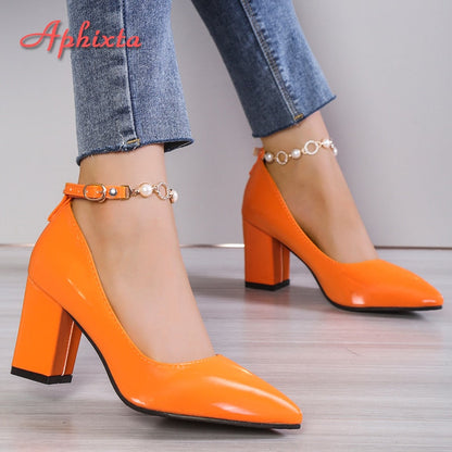 Aphixta 2022 New Luxury Rhinestone Pearl Chain 7cm Chunky Heels Pumps Women Shoes String Bead Pointed Toe Bling Crystals Pumps - Amazhona 