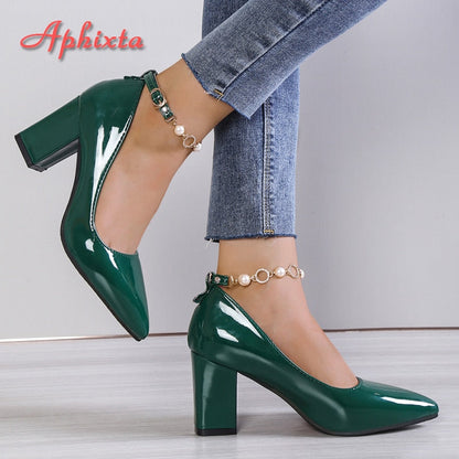 Aphixta 2022 New Luxury Rhinestone Pearl Chain 7cm Chunky Heels Pumps Women Shoes String Bead Pointed Toe Bling Crystals Pumps - Amazhona 