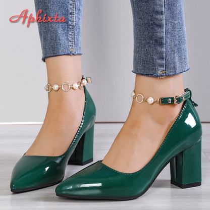 Aphixta 2022 New Luxury Rhinestone Pearl Chain 7cm Chunky Heels Pumps Women Shoes String Bead Pointed Toe Bling Crystals Pumps - Amazhona 