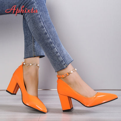 Aphixta 2022 New Luxury Rhinestone Pearl Chain 7cm Chunky Heels Pumps Women Shoes String Bead Pointed Toe Bling Crystals Pumps - Amazhona 