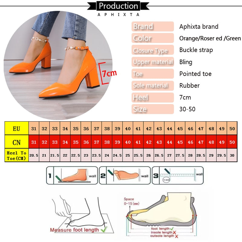 Aphixta 2022 New Luxury Rhinestone Pearl Chain 7cm Chunky Heels Pumps Women Shoes String Bead Pointed Toe Bling Crystals Pumps - Amazhona 