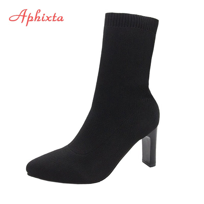 Aphixta Metal Blade Heels Socks Boots Women Stretch Fabric Elastic Stilettos Heel Pointed Toe Ankle Boots Shoes Woman Boats - Amazhona 