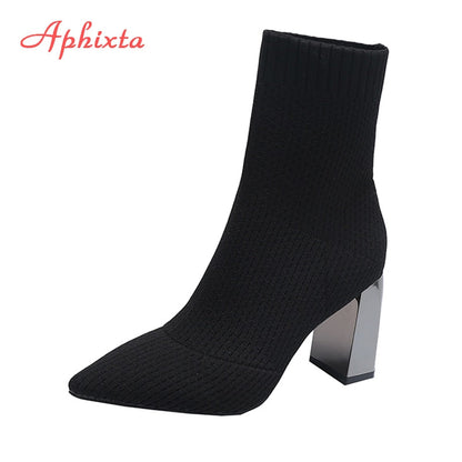 Aphixta Metal Blade Heels Socks Boots Women Stretch Fabric Elastic Stilettos Heel Pointed Toe Ankle Boots Shoes Woman Boats - Amazhona 