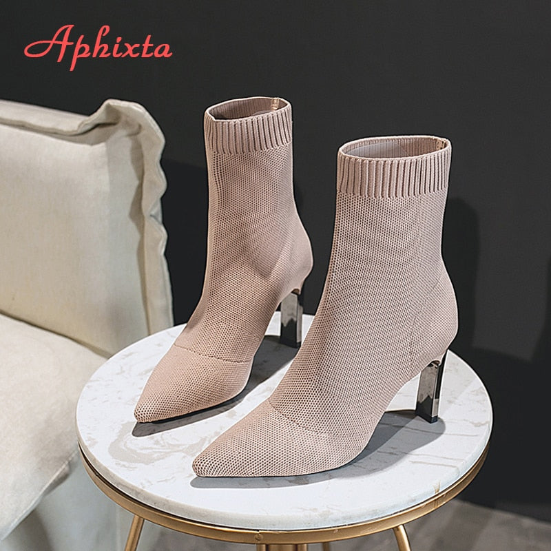 Aphixta Metal Blade Heels Socks Boots Women Stretch Fabric Elastic Stilettos Heel Pointed Toe Ankle Boots Shoes Woman Boats - Amazhona 