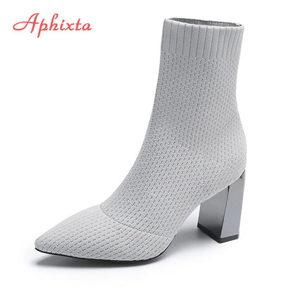 Aphixta Metal Blade Heels Socks Boots Women Stretch Fabric Elastic Stilettos Heel Pointed Toe Ankle Boots Shoes Woman Boats - Amazhona 