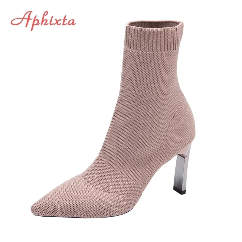 Aphixta Metal Blade Heels Socks Boots Women Stretch Fabric Elastic Stilettos Heel Pointed Toe Ankle Boots Shoes Woman Boats - Amazhona 