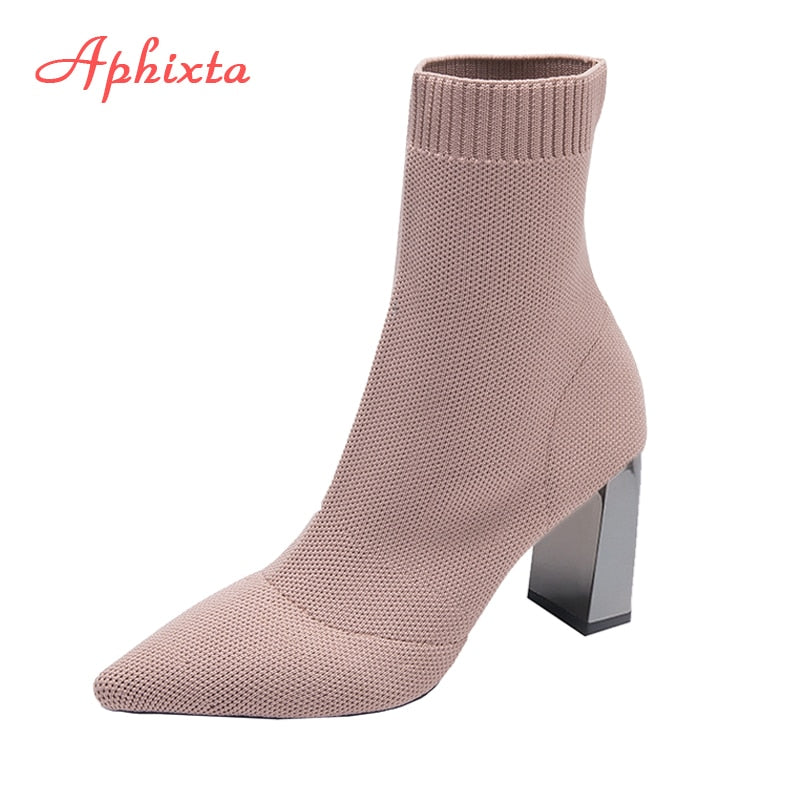 Aphixta Metal Blade Heels Socks Boots Women Stretch Fabric Elastic Stilettos Heel Pointed Toe Ankle Boots Shoes Woman Boats - Amazhona 