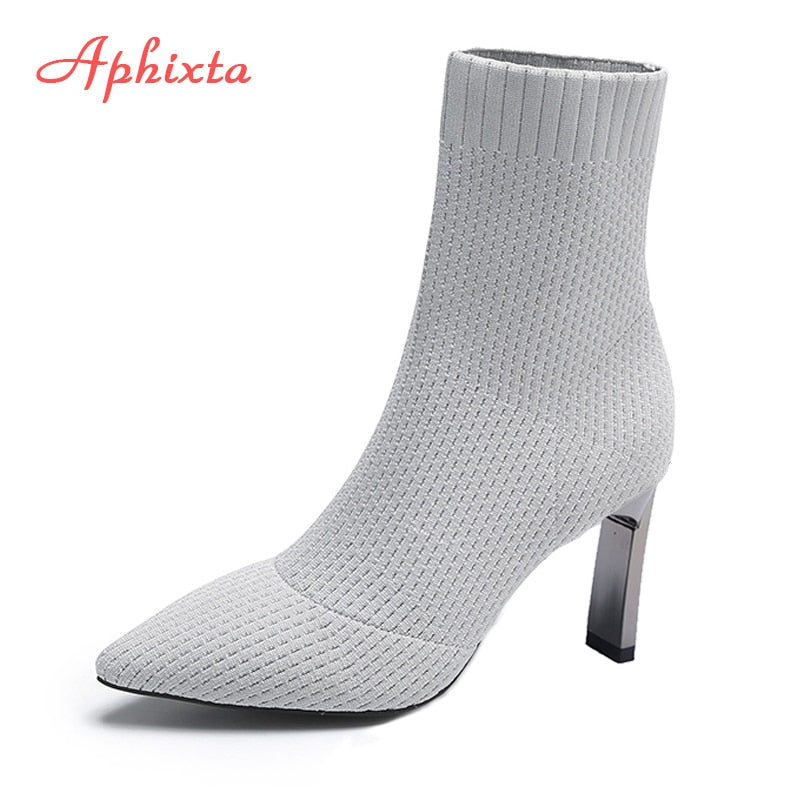 Aphixta Metal Blade Heels Socks Boots Women Stretch Fabric Elastic Stilettos Heel Pointed Toe Ankle Boots Shoes Woman Boats - Amazhona 