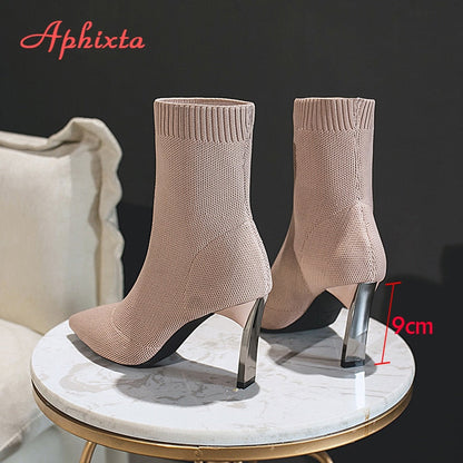 Aphixta Metal Blade Heels Socks Boots Women Stretch Fabric Elastic Stilettos Heel Pointed Toe Ankle Boots Shoes Woman Boats - Amazhona 