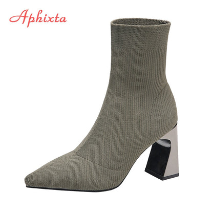 Aphixta Metal Blade Heels Socks Boots Women Stretch Fabric Elastic Stilettos Heel Pointed Toe Ankle Boots Shoes Woman Boats - Amazhona 