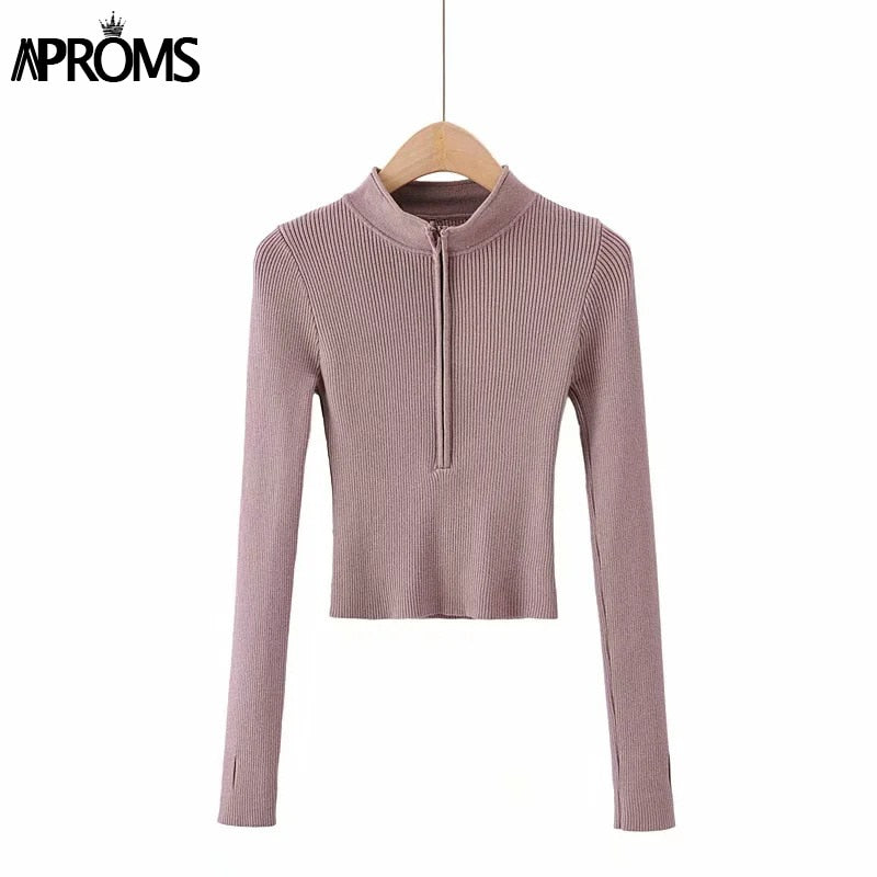 Aproms Elegant High Neck Zipper Front Knitted Sweater Women Solid Basic Cropped Pullover Winter Spring Fashion Clothing Top 2022 - Amazhona 