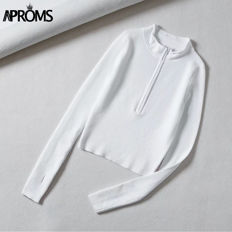 Aproms Elegant High Neck Zipper Front Knitted Sweater Women Solid Basic Cropped Pullover Winter Spring Fashion Clothing Top 2022 - Amazhona 