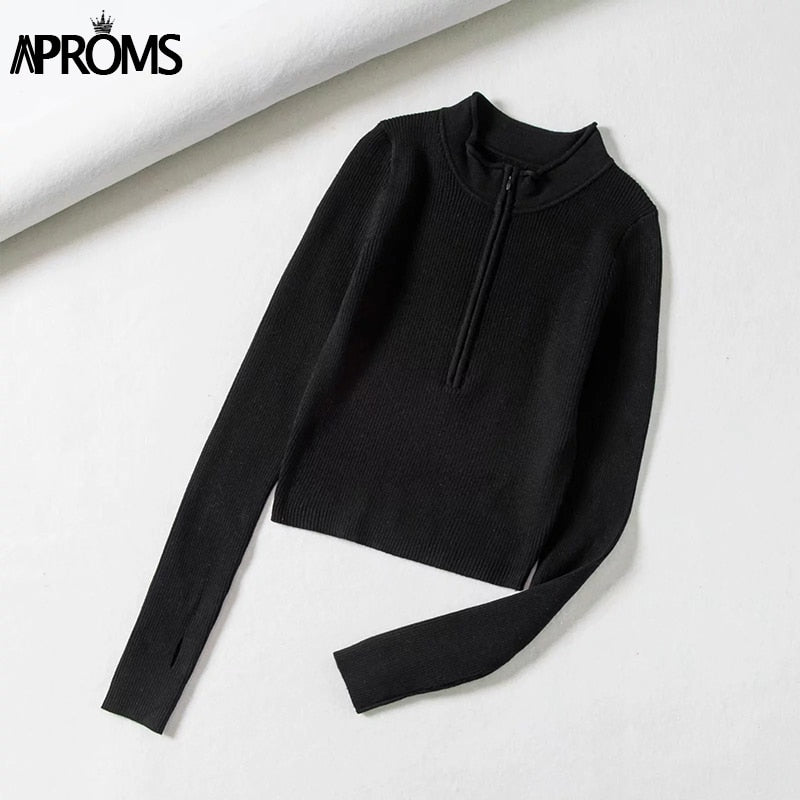 Aproms Elegant High Neck Zipper Front Knitted Sweater Women Solid Basic Cropped Pullover Winter Spring Fashion Clothing Top 2022 - Amazhona 