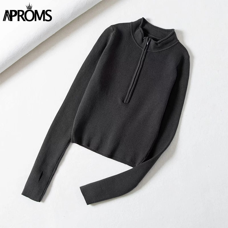 Aproms Elegant High Neck Zipper Front Knitted Sweater Women Solid Basic Cropped Pullover Winter Spring Fashion Clothing Top 2022 - Amazhona 