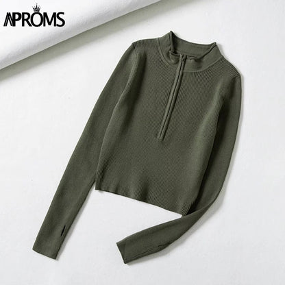 Aproms Elegant High Neck Zipper Front Knitted Sweater Women Solid Basic Cropped Pullover Winter Spring Fashion Clothing Top 2022 - Amazhona 