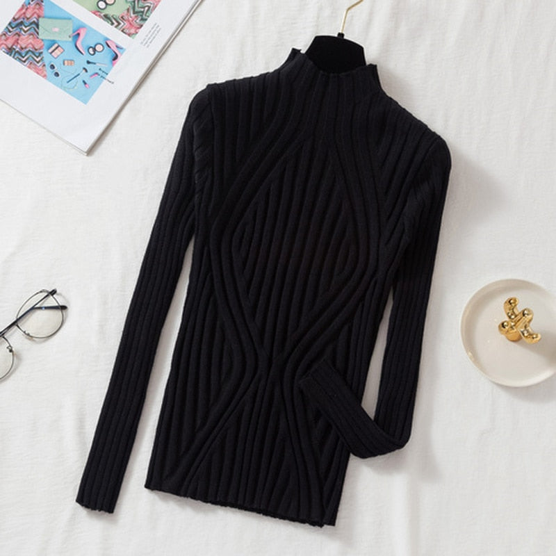 Autumn Knitted Sweater Women 2022 Pullover Long Sleeve Office Lady Jumper Sweater Slim Solid Sweaters Casual Tops New 17041 - Amazhona 