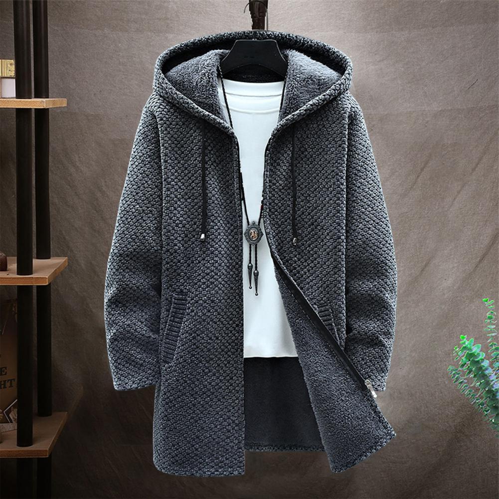 Autumn Winter Men Hooded Sweater Thicken Long Sleeve Drawstring Plush Lining Mid-Length Knitting Jacket Male Coat Streetwear - Amazhona 