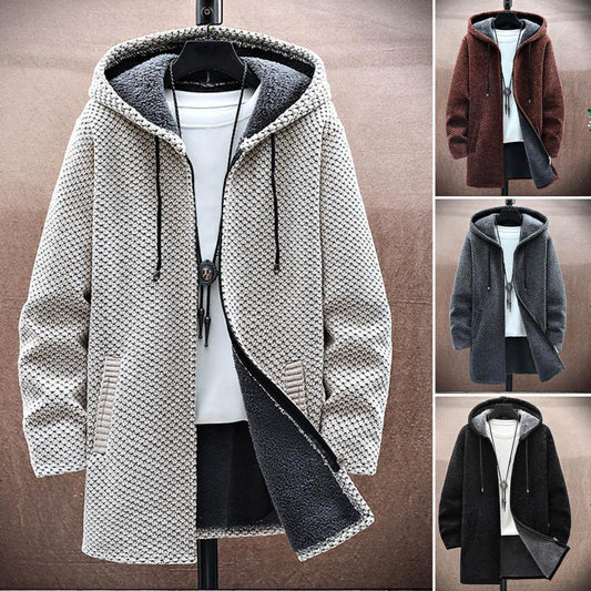 Autumn Winter Men Hooded Sweater Thicken Long Sleeve Drawstring Plush Lining Mid-Length Knitting Jacket Male Coat Streetwear - Amazhona 