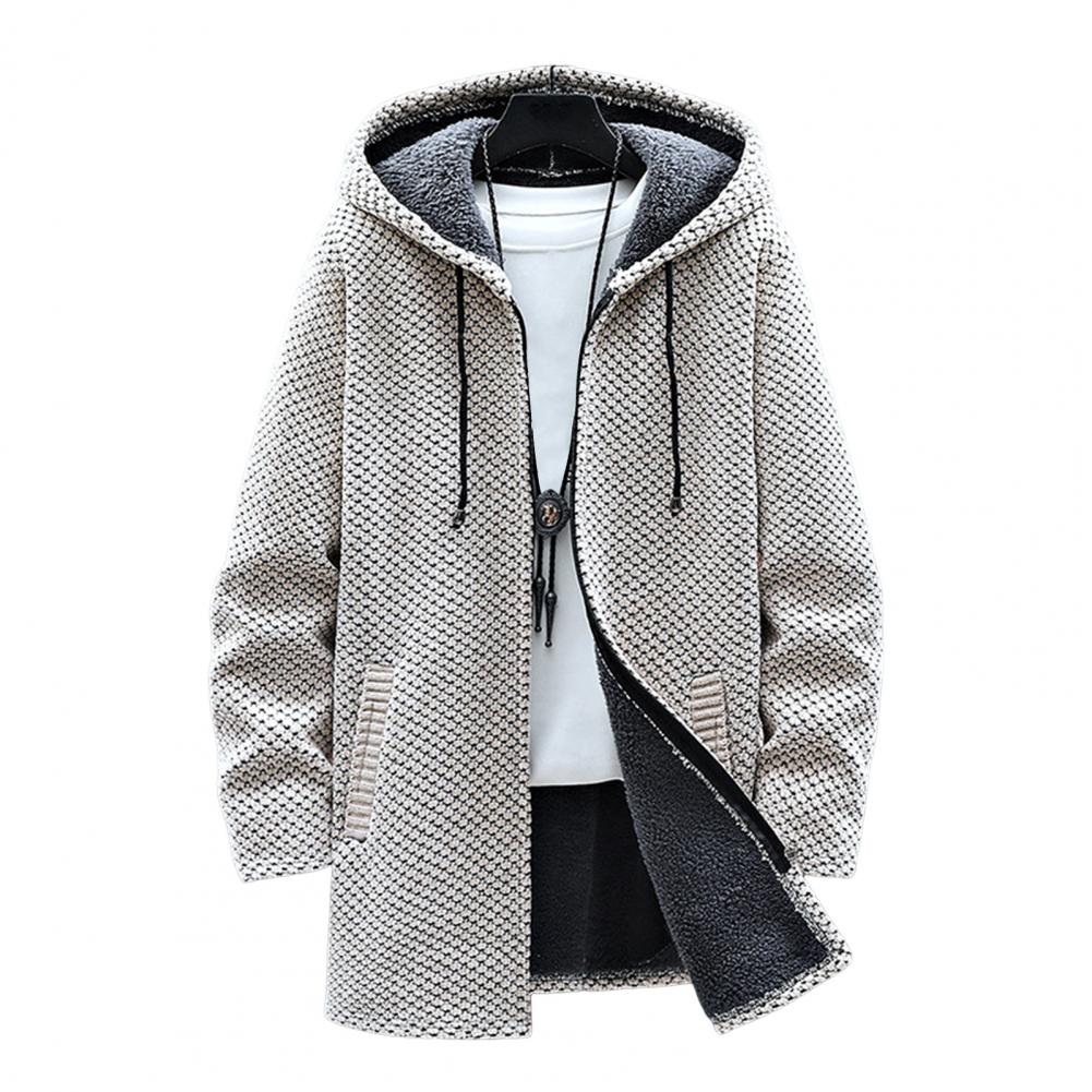 Autumn Winter Men Hooded Sweater Thicken Long Sleeve Drawstring Plush Lining Mid-Length Knitting Jacket Male Coat Streetwear - Amazhona 