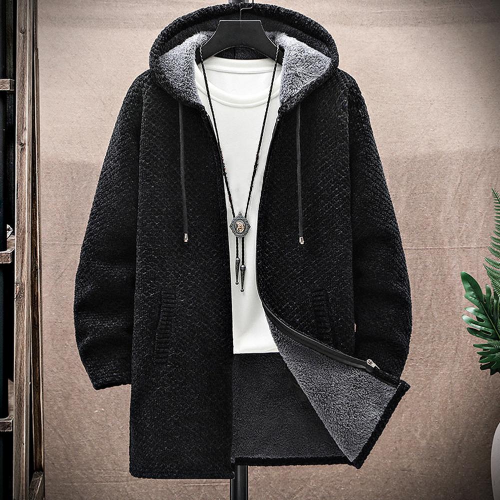 Autumn Winter Men Hooded Sweater Thicken Long Sleeve Drawstring Plush Lining Mid-Length Knitting Jacket Male Coat Streetwear - Amazhona 