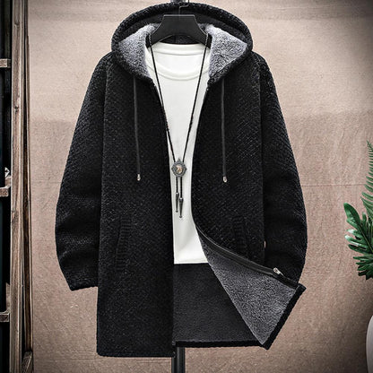 Autumn Winter Men Hooded Sweater Thicken Long Sleeve Drawstring Plush Lining Mid-Length Knitting Jacket Male Coat Streetwear - Amazhona 