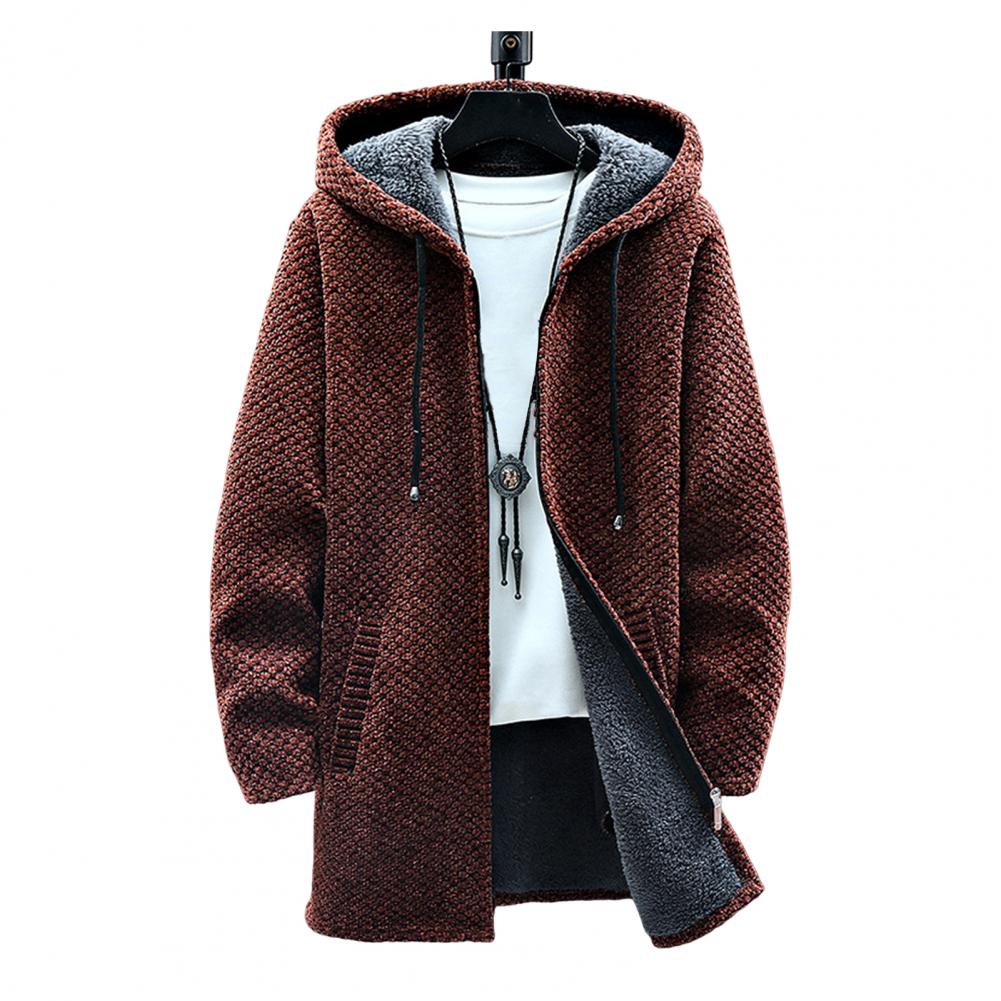 Autumn Winter Men Hooded Sweater Thicken Long Sleeve Drawstring Plush Lining Mid-Length Knitting Jacket Male Coat Streetwear - Amazhona 