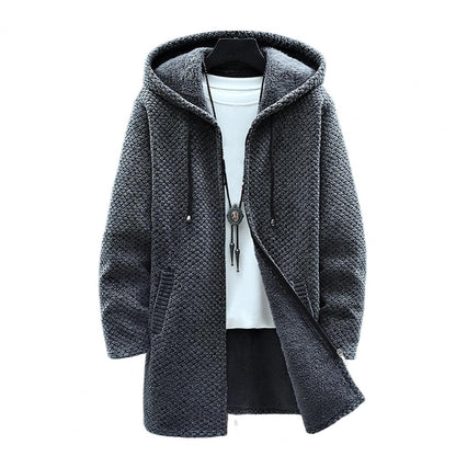 Autumn Winter Men Hooded Sweater Thicken Long Sleeve Drawstring Plush Lining Mid-Length Knitting Jacket Male Coat Streetwear - Amazhona 