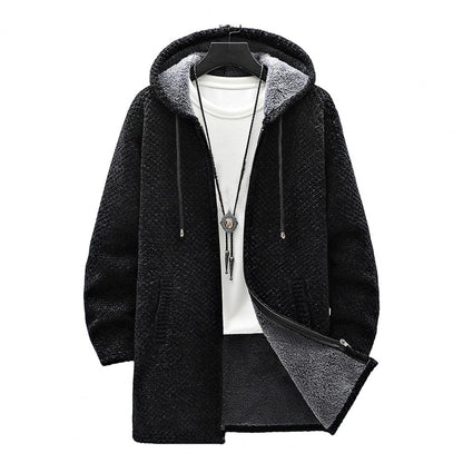 Autumn Winter Men Hooded Sweater Thicken Long Sleeve Drawstring Plush Lining Mid-Length Knitting Jacket Male Coat Streetwear - Amazhona 