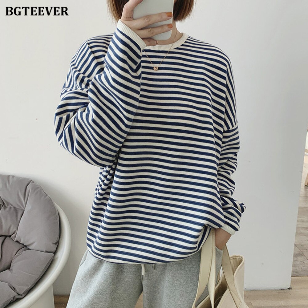 BGTEEVER 2022 Autumn Casual Striped Pullovers Women Knitted Cotton Sweatshirts Female Long-sleeved Loose Tops Tee Shirt Femme - Amazhona 