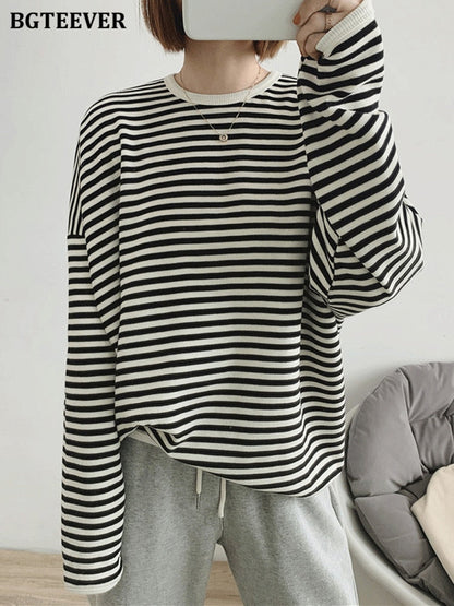 BGTEEVER 2022 Autumn Casual Striped Pullovers Women Knitted Cotton Sweatshirts Female Long-sleeved Loose Tops Tee Shirt Femme - Amazhona 