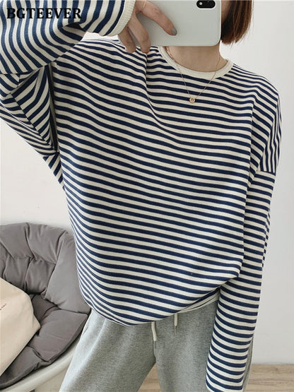 BGTEEVER 2022 Autumn Casual Striped Pullovers Women Knitted Cotton Sweatshirts Female Long-sleeved Loose Tops Tee Shirt Femme - Amazhona 