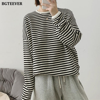 BGTEEVER 2022 Autumn Casual Striped Pullovers Women Knitted Cotton Sweatshirts Female Long-sleeved Loose Tops Tee Shirt Femme - Amazhona 