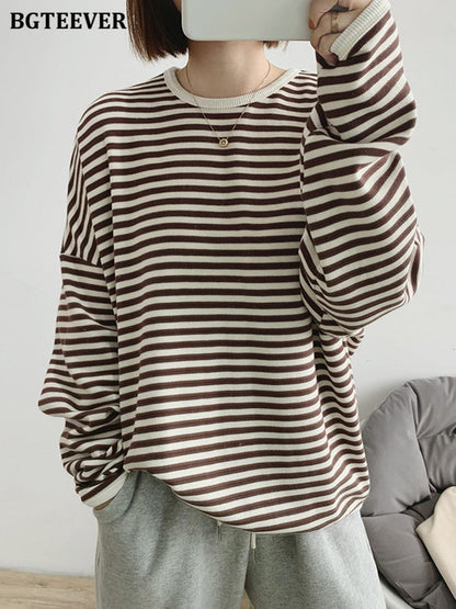 BGTEEVER 2022 Autumn Casual Striped Pullovers Women Knitted Cotton Sweatshirts Female Long-sleeved Loose Tops Tee Shirt Femme - Amazhona 