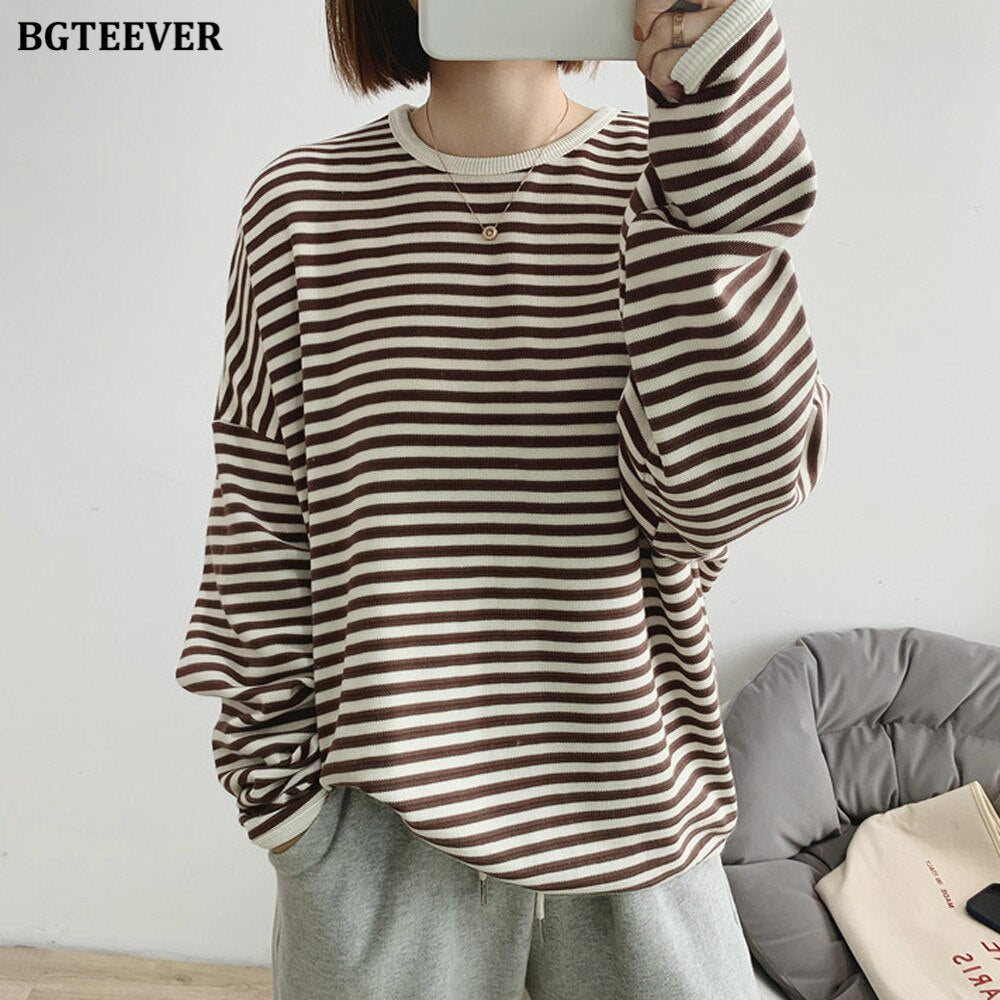 BGTEEVER 2022 Autumn Casual Striped Pullovers Women Knitted Cotton Sweatshirts Female Long-sleeved Loose Tops Tee Shirt Femme - Amazhona 