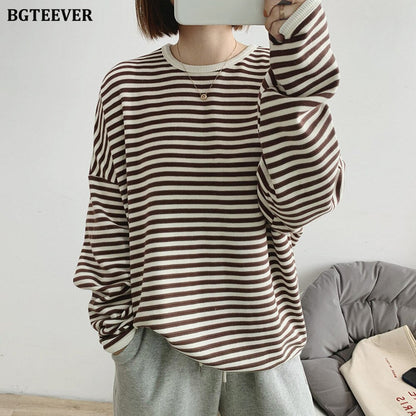 BGTEEVER 2022 Autumn Casual Striped Pullovers Women Knitted Cotton Sweatshirts Female Long-sleeved Loose Tops Tee Shirt Femme - Amazhona 