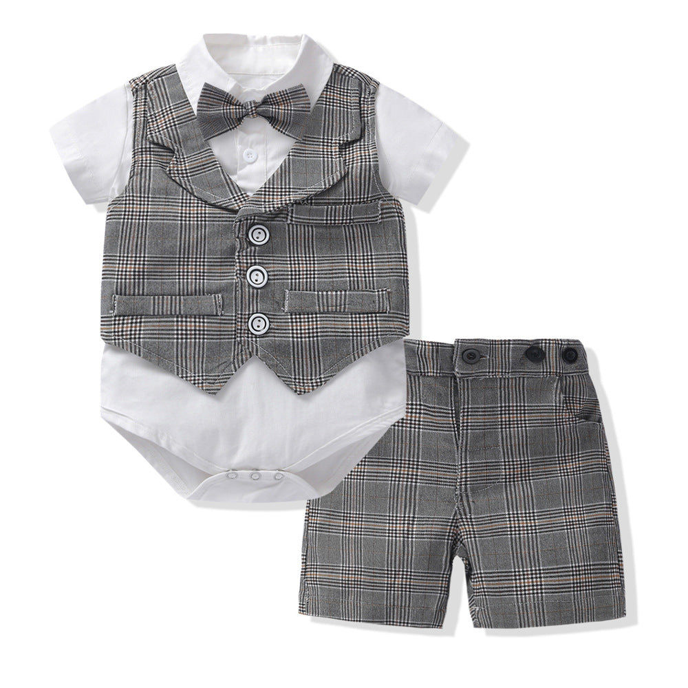 Baby Boy Gentleman Suit Romper Vest Shorts Bow Tie - Amazhona 