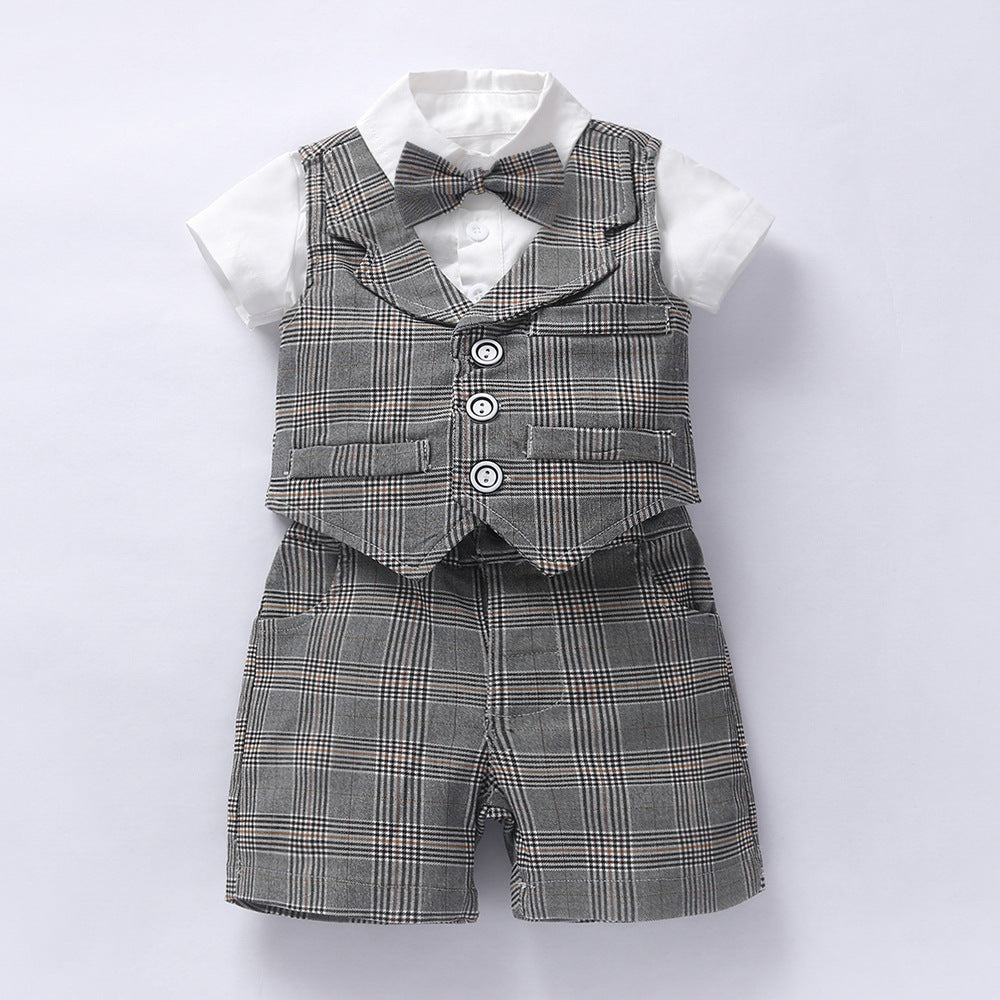 Baby Boy Gentleman Suit Romper Vest Shorts Bow Tie - Amazhona 