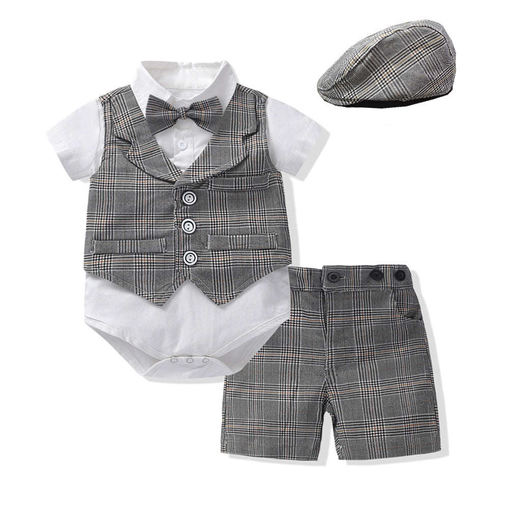 Baby Boy Gentleman Suit Romper Vest Shorts Bow Tie - Amazhona 