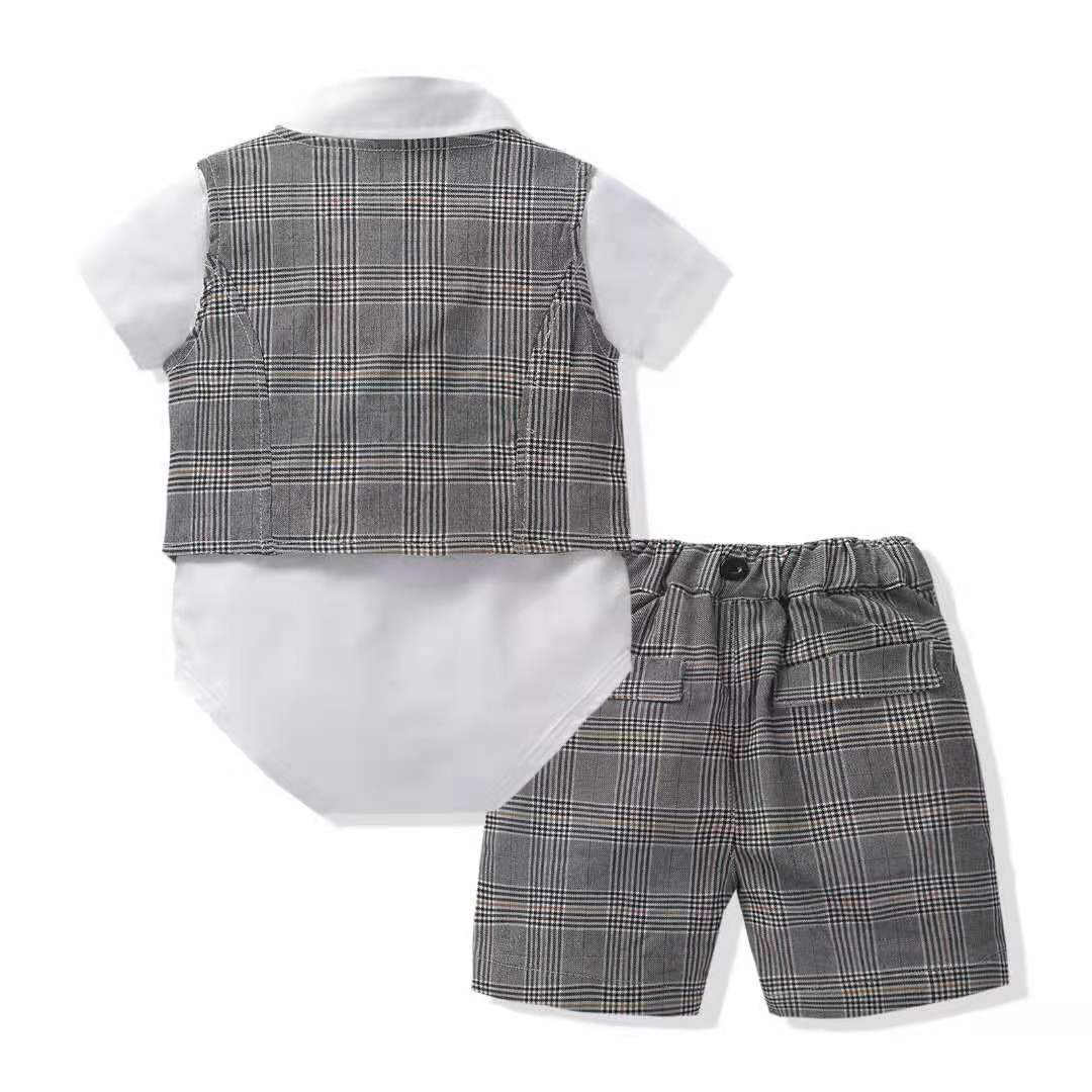 Baby Boy Gentleman Suit Romper Vest Shorts Bow Tie - Amazhona 