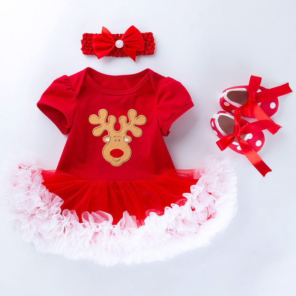 Baby Christmas New Short Sleeve Cartoon Mesh Dress - Amazhona 