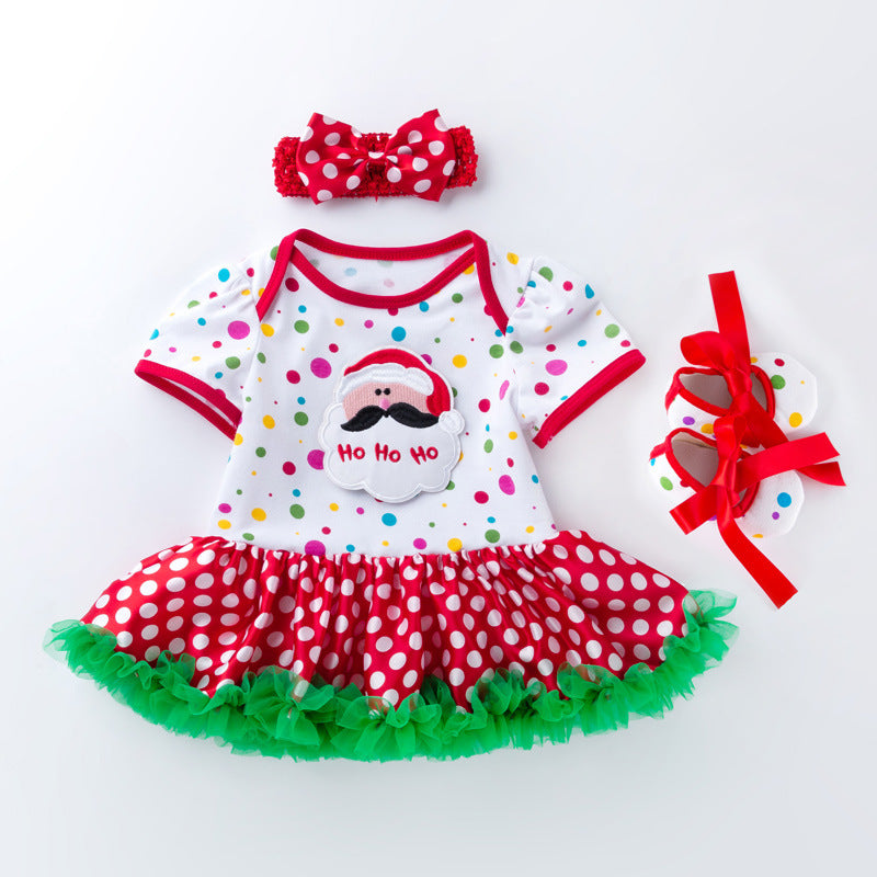 Baby Christmas New Short Sleeve Cartoon Mesh Dress - Amazhona 