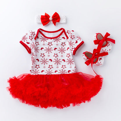 Baby Christmas New Short Sleeve Cartoon Mesh Dress - Amazhona 