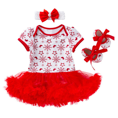 Baby Christmas New Short Sleeve Cartoon Mesh Dress - Amazhona 