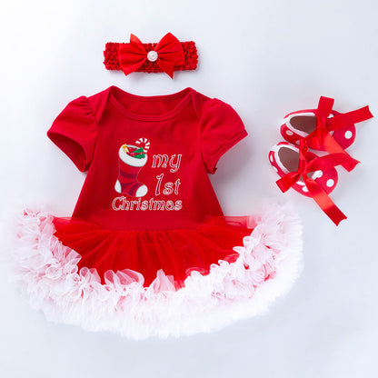 Baby Christmas New Short Sleeve Cartoon Mesh Dress - Amazhona 