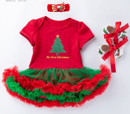 Baby Christmas New Short Sleeve Cartoon Mesh Dress - Amazhona 