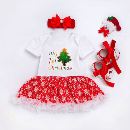 Baby Christmas New Short Sleeve Cartoon Mesh Dress - Amazhona 