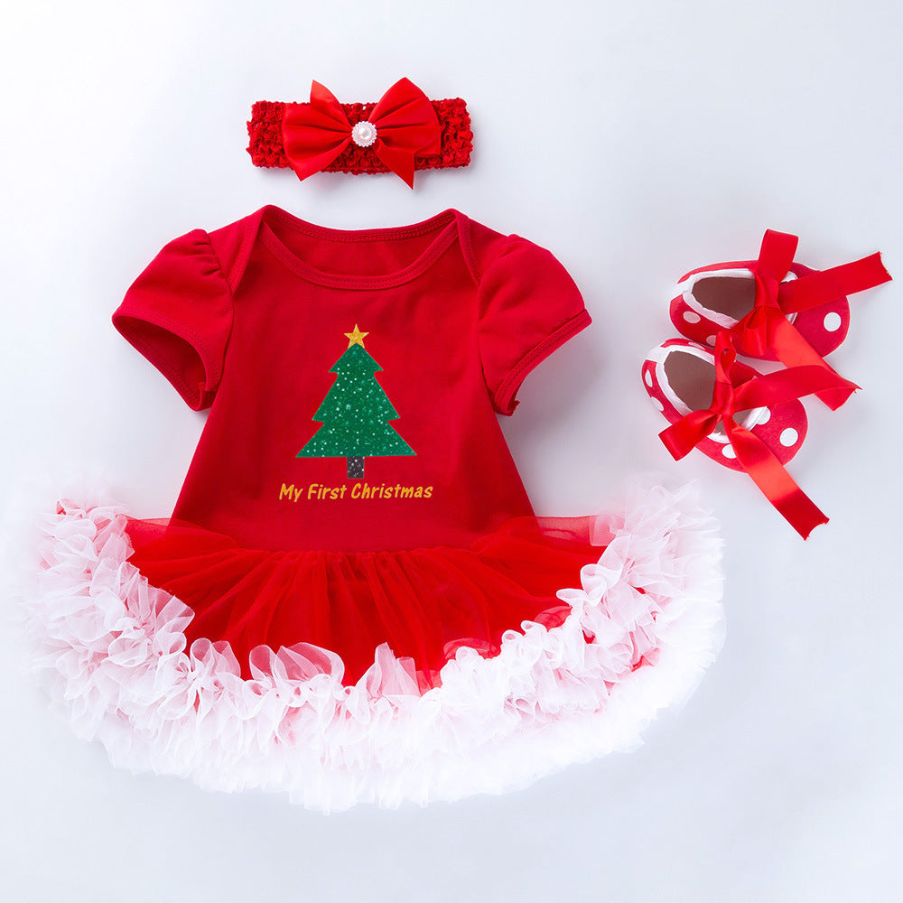 Baby Christmas New Short Sleeve Cartoon Mesh Dress - Amazhona 