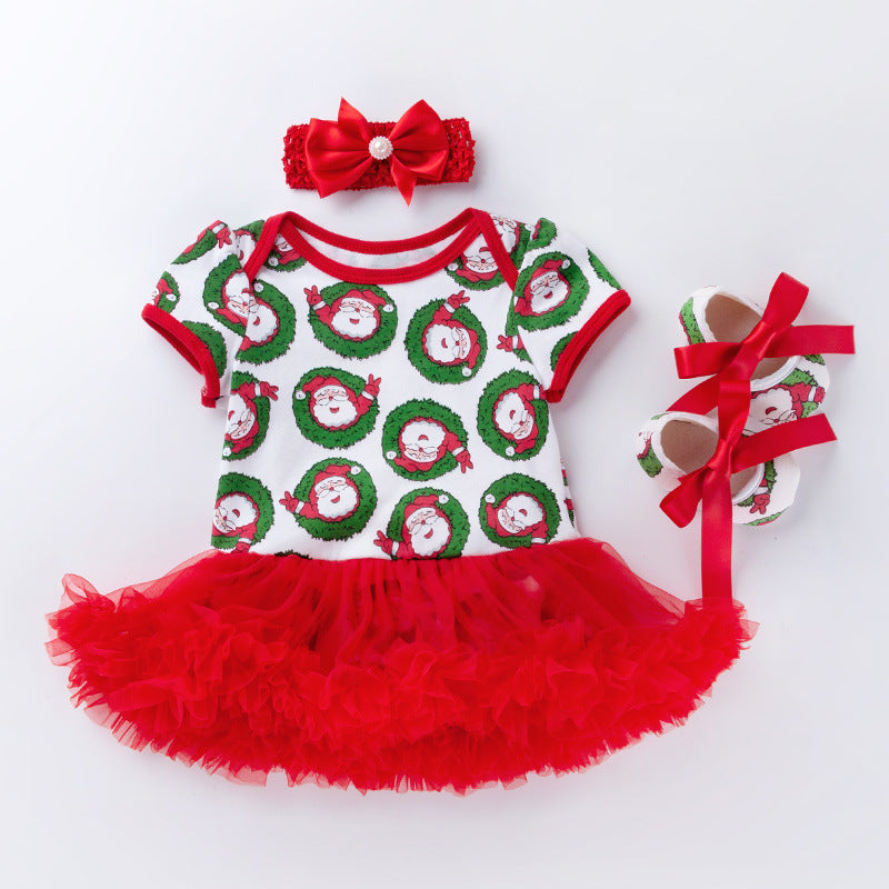 Baby Christmas New Short Sleeve Cartoon Mesh Dress - Amazhona 